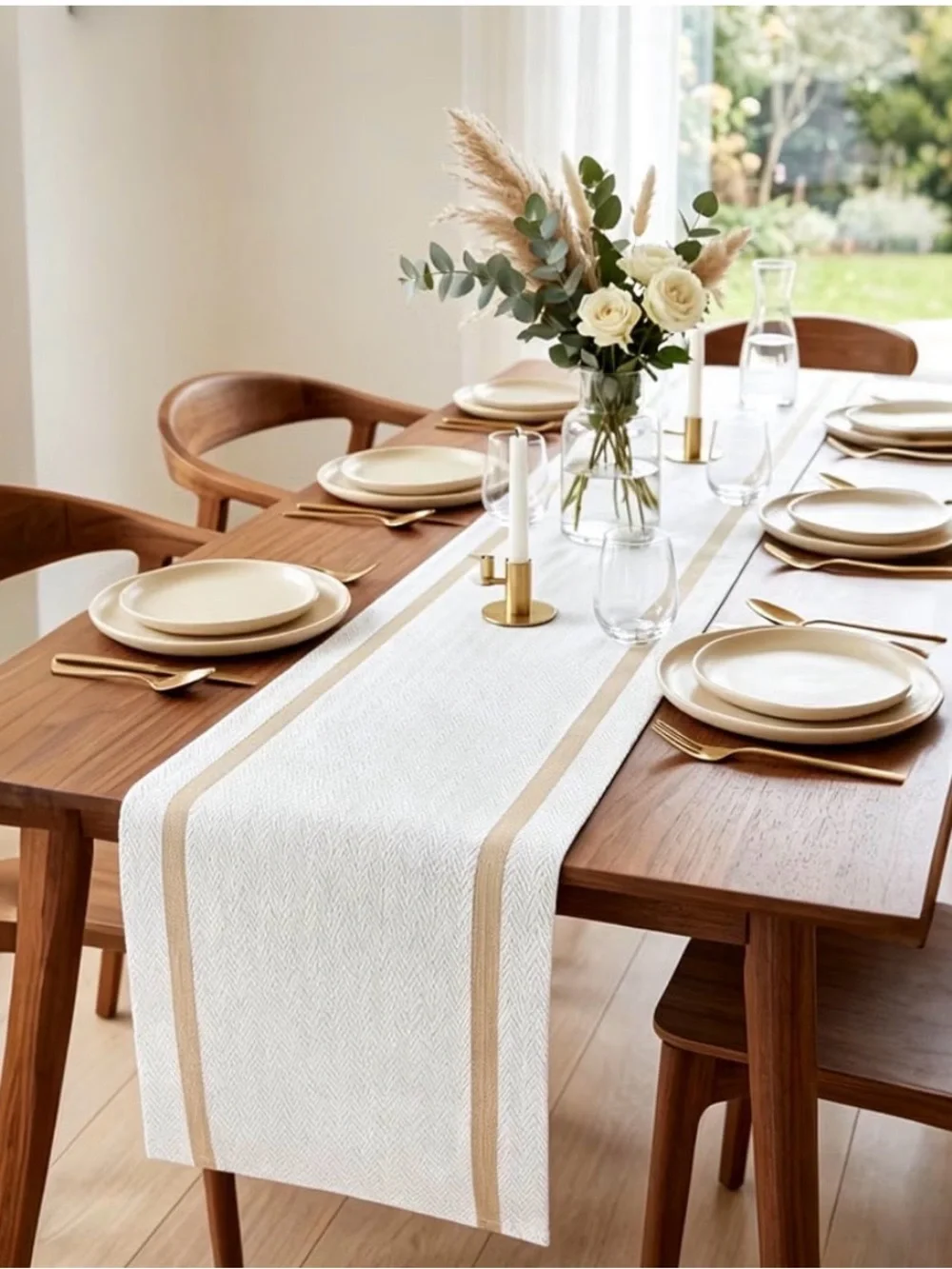 Elegant White Table Runner with Tan Stripe